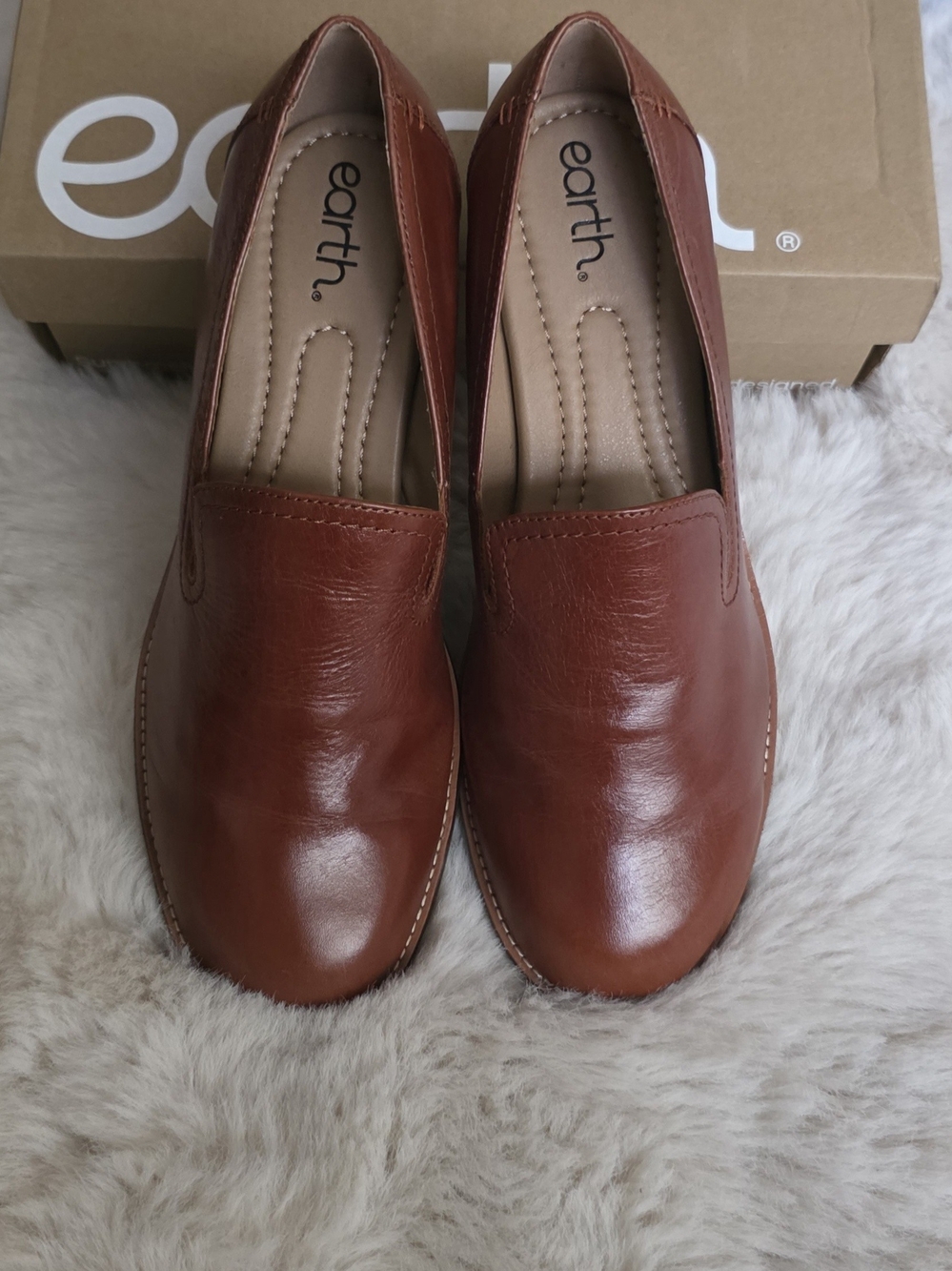 Earth Cognac Leather Slip-On Loafers for Women